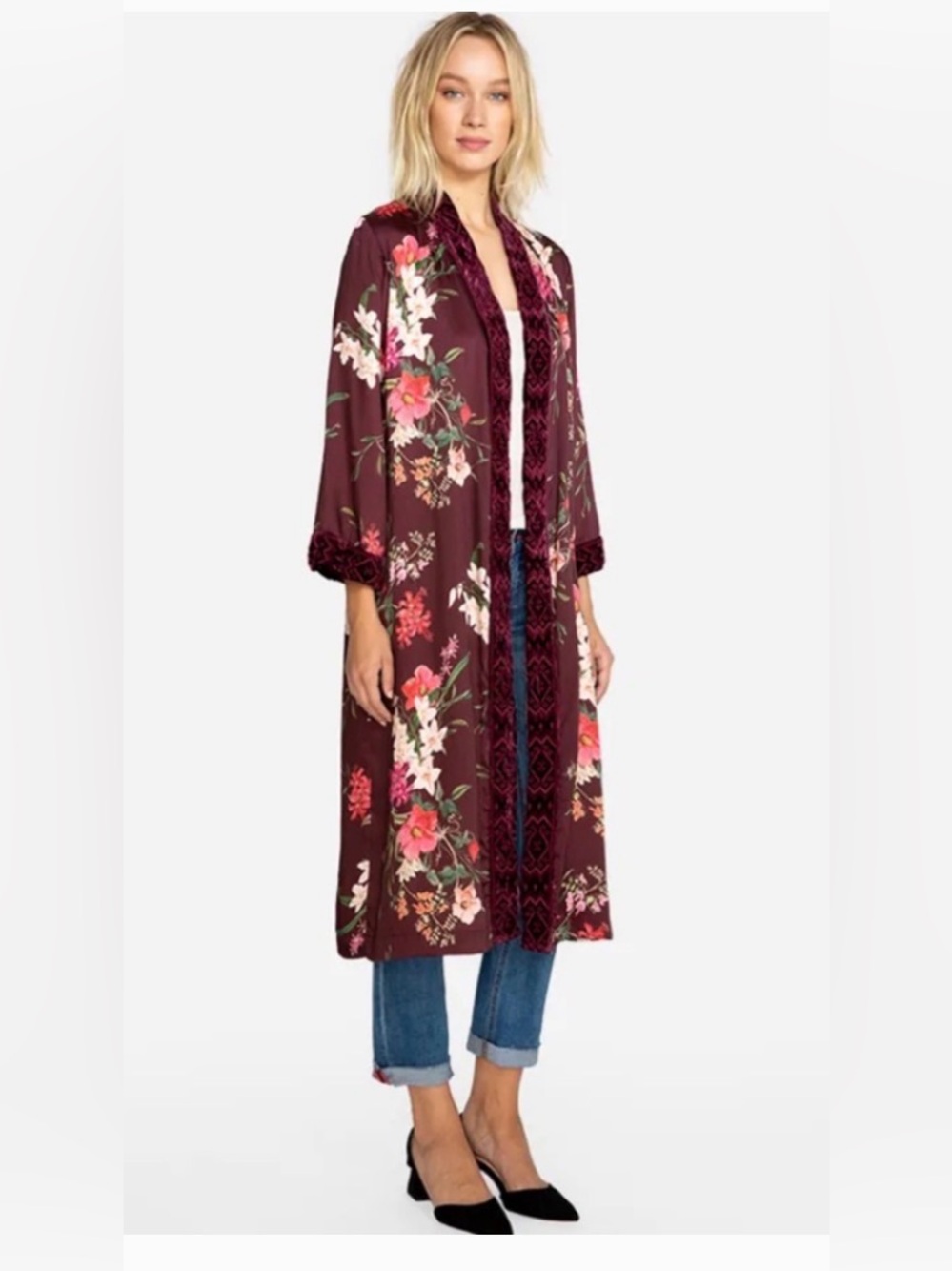 Johnny Was Velvet Mix Kimono Floral - Burgundy M